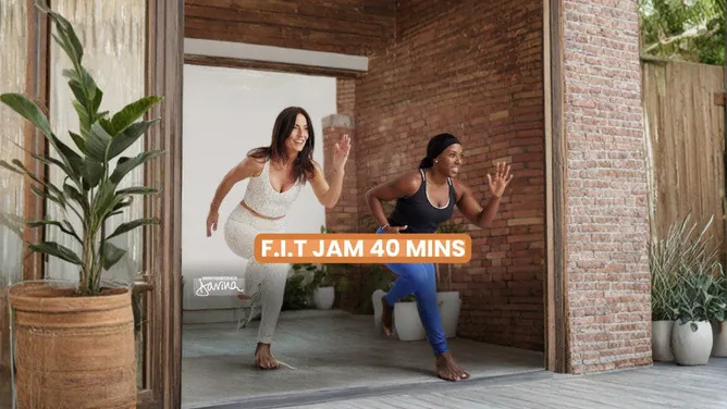 Faye and Davina McCall dancing through a F.I.T Jam session in a bright studio